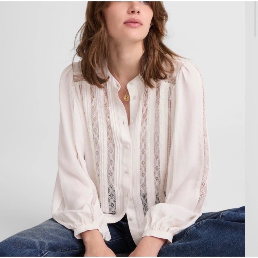 Madewell Lace Insert Button Up Top XL Long Sleeve White Cream Romantic Feminine